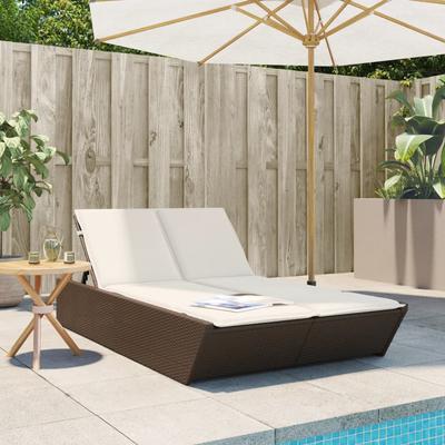 Vidaxl Double Sun Lounger With Cushions, Brown, Poly Rattan