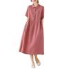 2025 summer new cotton and linen dress women's loose and simple Polo collar short-sleeved medium and long solid color skirt
