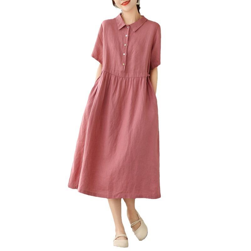2025 Summer New Cotton and Linen Dress Women's Loose and Simple Polo Collar Short-sleeved Medium and Long Solid Color Skirt