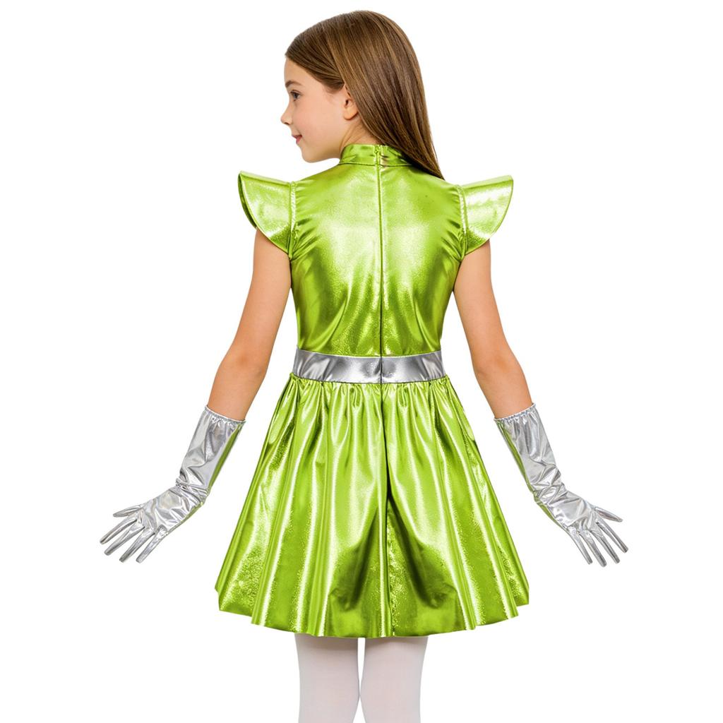 Girls Alien Cosplay Dress Metallic Hollow Out Flying Sleeve Back Zipper Ruffled Dress Gloves Robot Outfit