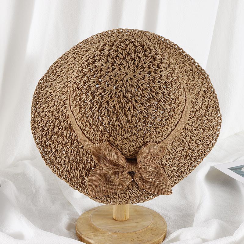 Handmade Women's Straw Panama Hat with Bowknot Detail - Foldable Wide Brim UV-Protected Sun Cap for Summer Beach