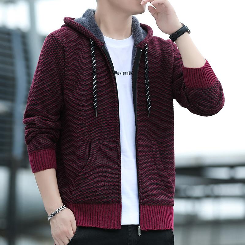 Gestrickter Pullover für junge und mittelalte Männer Cardigan Jacke Plus Samt Verdickt Mit Kapuze Einfarbiger Pullover