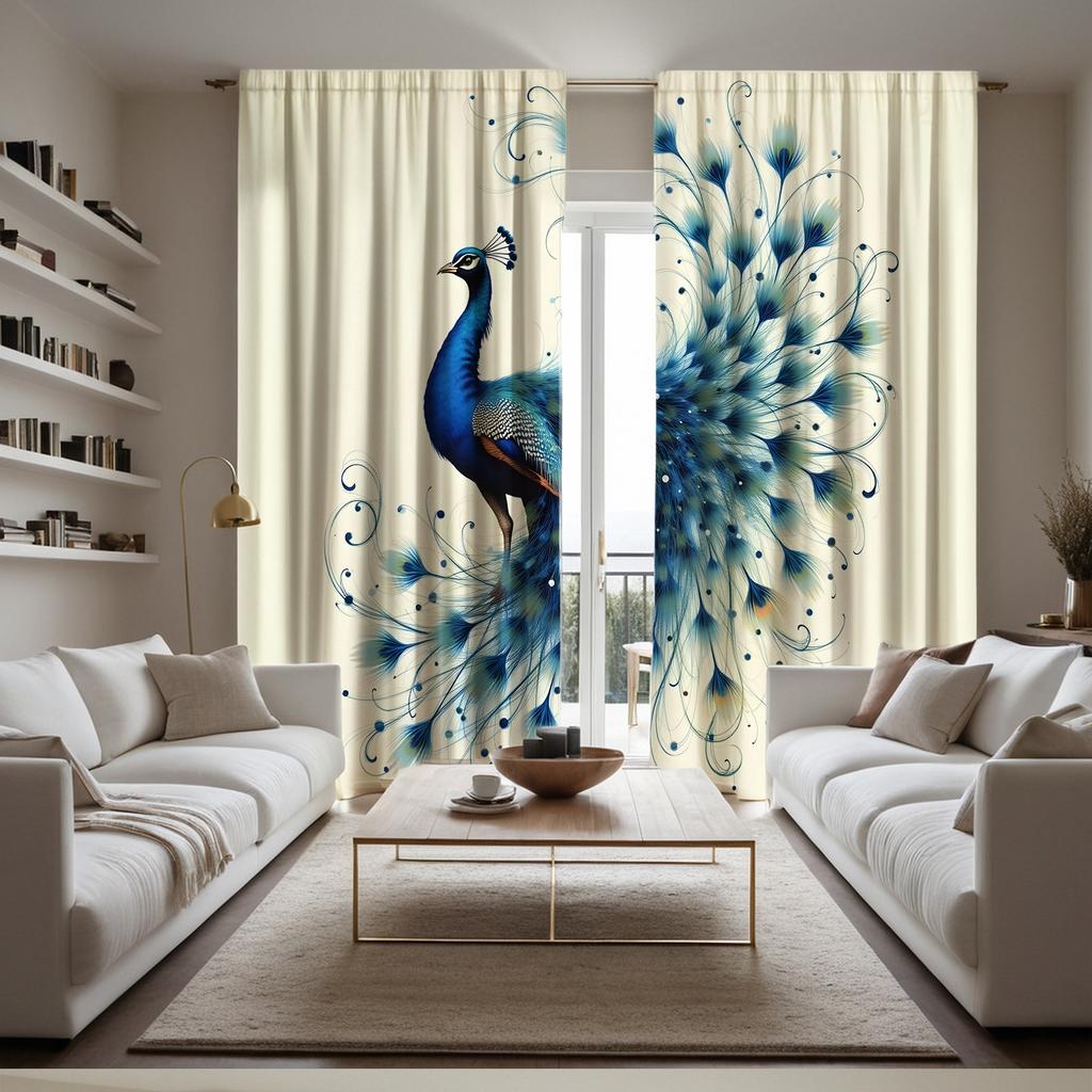 2PC Blue Peacock Sheer Curtains – Vibrant Print   Soft Polyester   Pocket Rod   Machine Washable for Living Room & Bedroom