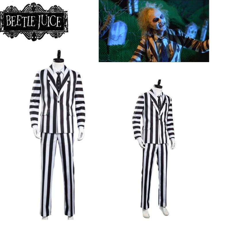 Costume Cosplay Beetlejuice Black And White Striped Suit Halloween Party Prop