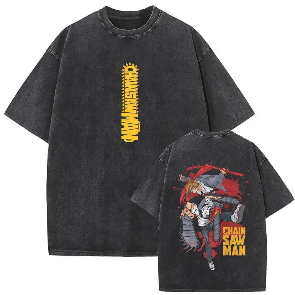 Chainsaw Man Pochita & Denji Vintage Washed Anime T-Shirt, Unisex Manga Fan Streetwear Tee, 100% Cotton Casual Short Sleeve Top