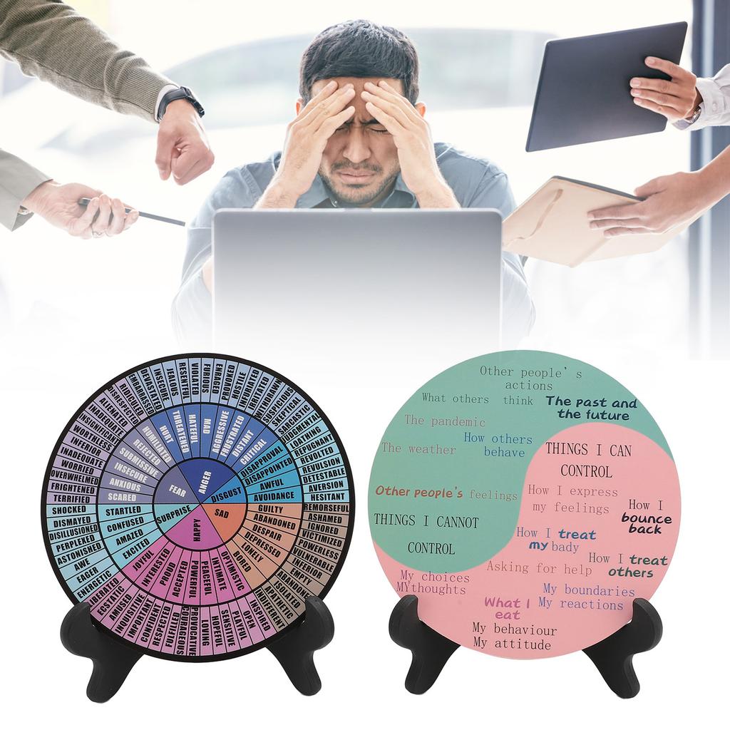 2 Pcs Feelings Wheel Wooden Relaxing Mood Calming Emotion Wheel Chart with Plastic Stand for Mental Health Type 1