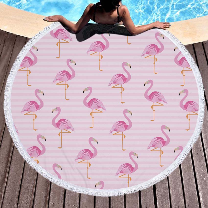 WHQ 150*150cm Flamingo Flori Imprimeu Prosop de Plajă Rotund Microfibră PROSOAPE DE DUȘ VARĂ Șal de Înot Covoraș Yoga Ciucuri