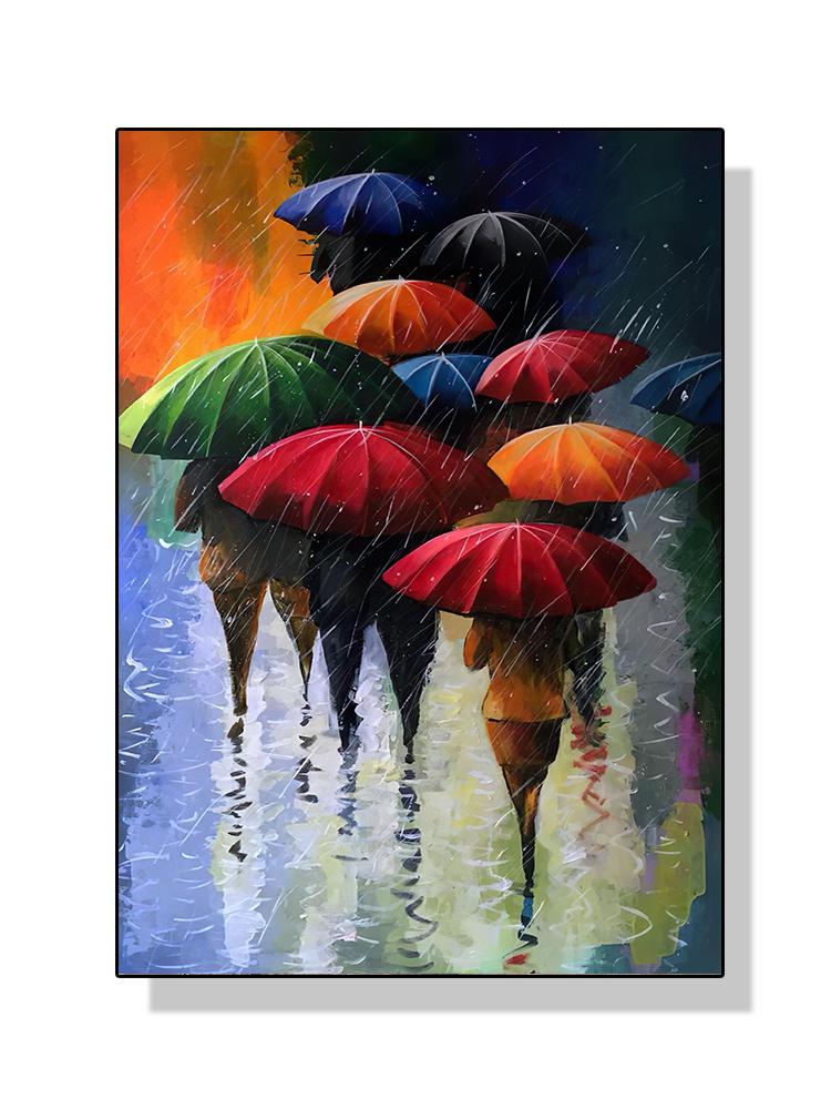 Abstract Colorful Umbrella Landscape In The Rain Poster Canvas Oil Painting Wall Art For Modern Living Room Home Decor Cuadros