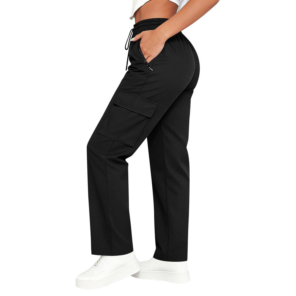 Women’s High Waist Drawstring Cargo Pants Loose Fit Straight Leg Trousers with Multiple Pockets for Daily Wear