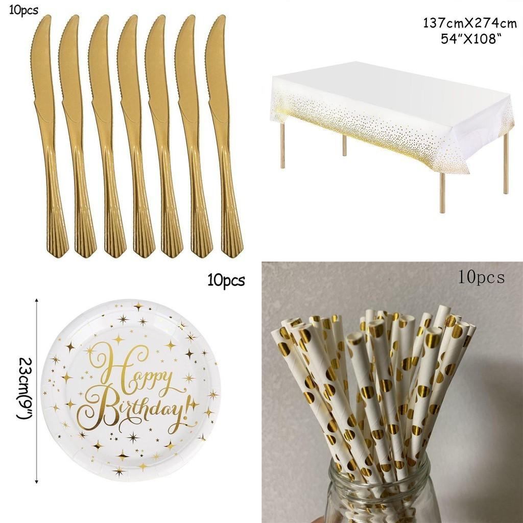 Charming Gold Polka Dot Stamping Happy Birthday Party Decor Supplies Disposable Tableware Bundle