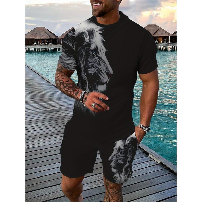 Mens Summer TwoPiece Set Animal Lion 3D Print Crew Neck Short Sleeve T-Shirt & Drawstring Shorts Outdoor
