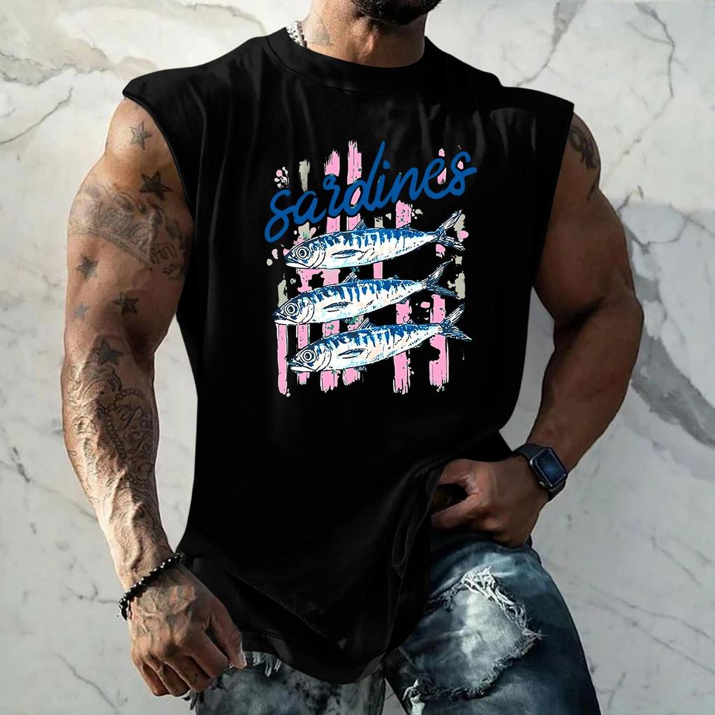 Pánské tílko s vtipným potiskem a retro texturou, volný střih, prodyšné, na letní sporty a streetwear, ležérní pro každodenní nošení