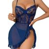 European & American Sexy Spaghetti Strap Mesh Lace Nightgown with Thong and Slit Skirt