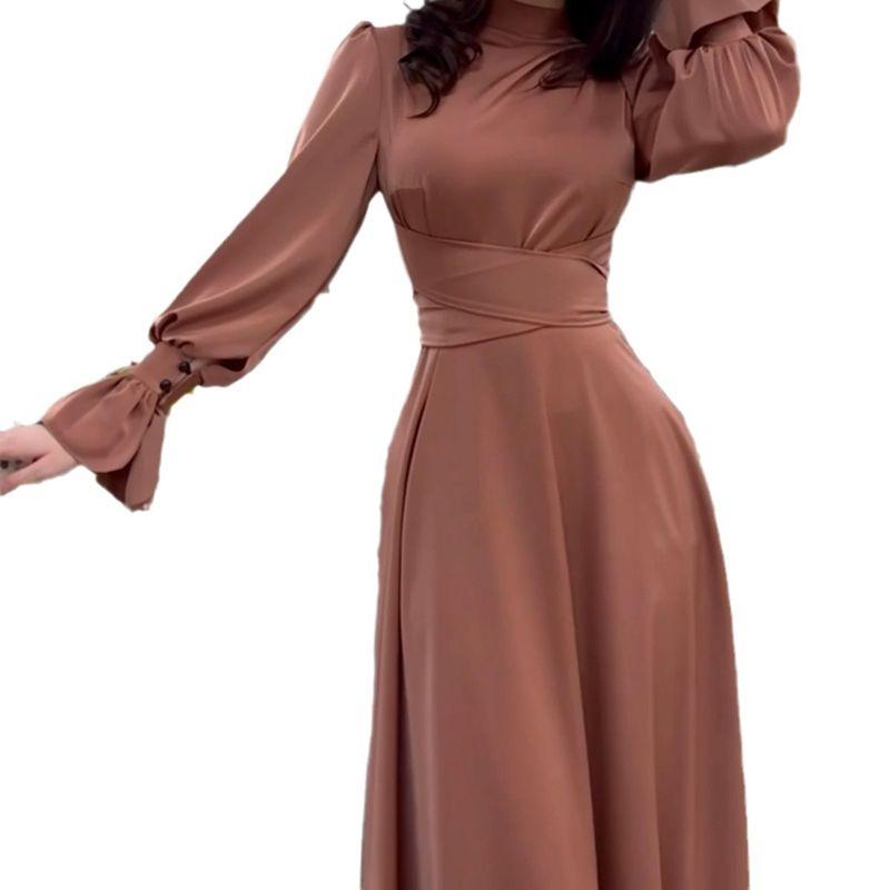 Waist Up Dress2024 Spring and Autumn European and American Women Clothes Satin Long Sleeve Temperament Elegant Waist Hugging Big Hemline Dress