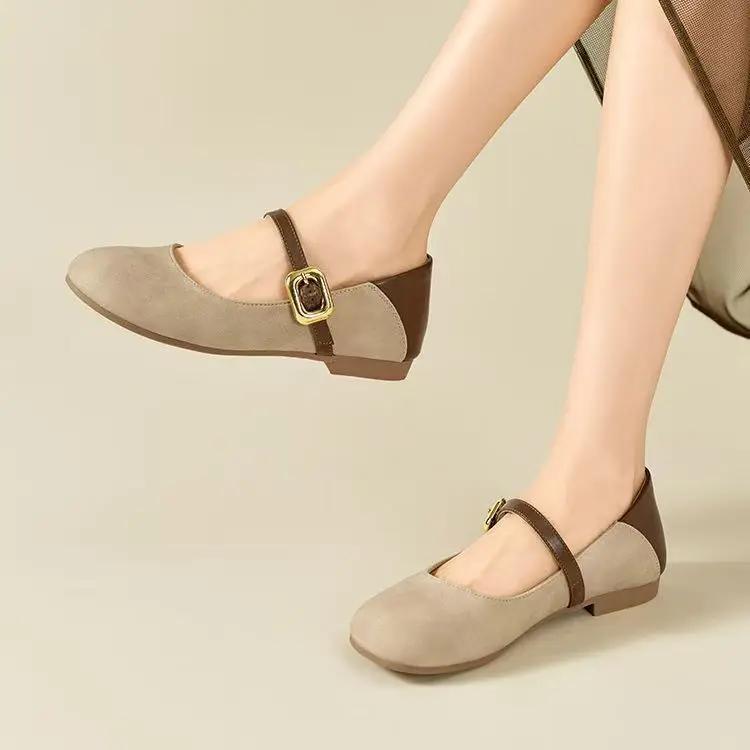 Fashion Ladies Footwear Splicing Color Elegant Party With Heel Round Toe Women's Flat Shoes Khaki Woman Comfortable 2025 Summer Stylish