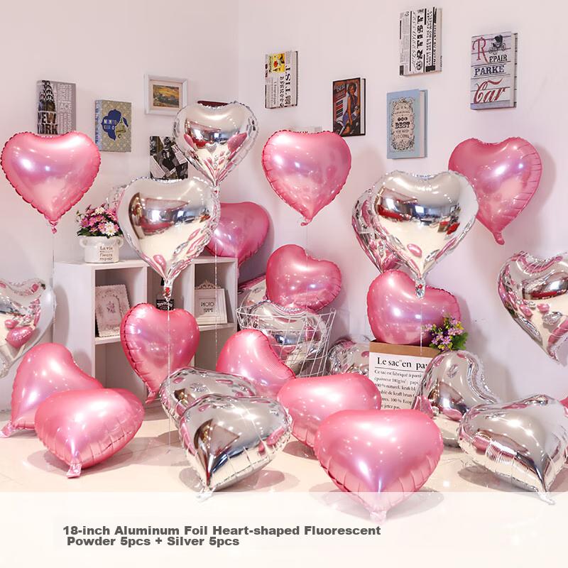 Aluminum Foil Balloons, 10 Pieces, Birthday Decoration, Birthday Scene Setup, Heart-Shaped Balloons, Wedding Room Decoration, Silver + Pink