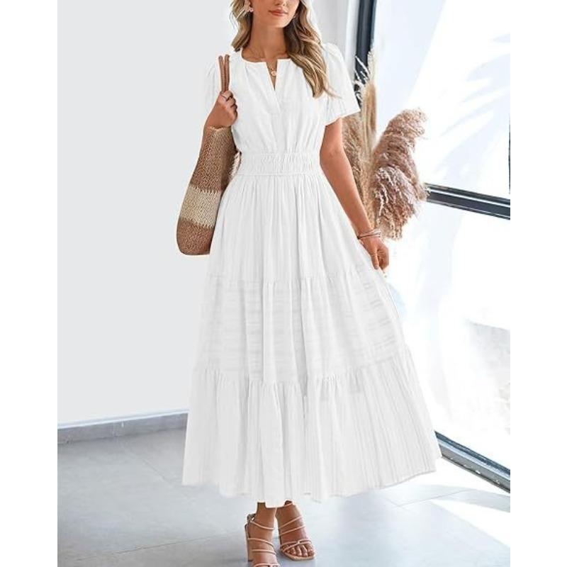 

Spring and summer foreign trade women s fashion V-neck pleated bubble sleeves layered pendulum dress women S белый