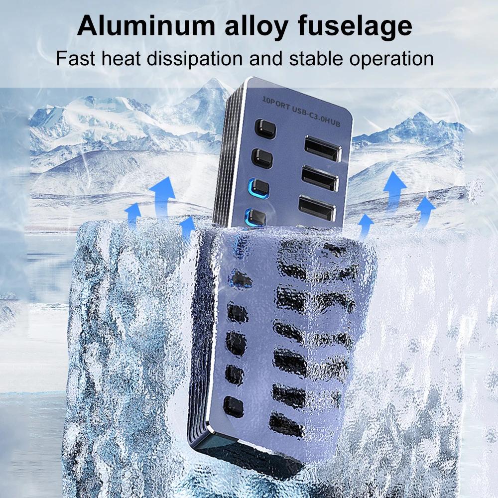 Powered USB Hub 10-Port Splitter Socket with Multi USB 3.0 Port Slot Plug On-Off Key Switch Dock Power Strip Adapter for Laptop