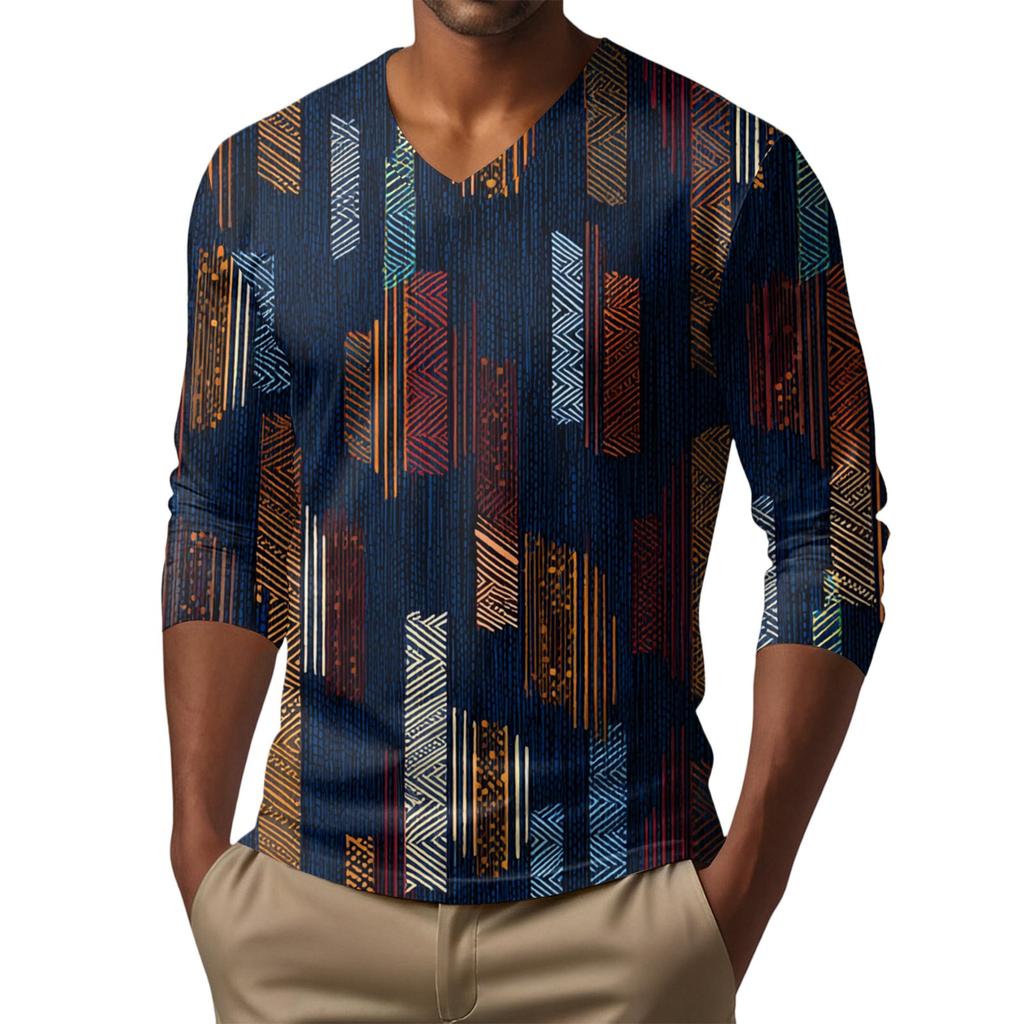 Men's V-neck Casual Fashion Printed Long-sleeved T-shirt Top