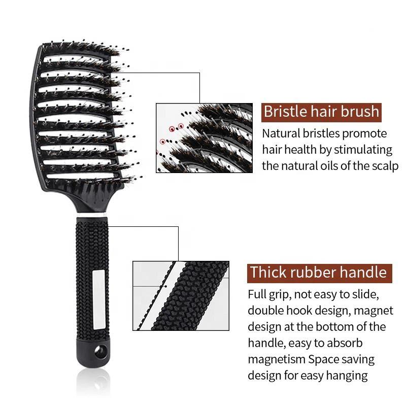 Curved Vented Boar Bristle Hair Brush, Anti-Static Nine-Row Scalp Massage Detangling Brush with Non-Slip Handle, Available in 4 Colors for Curly & Str