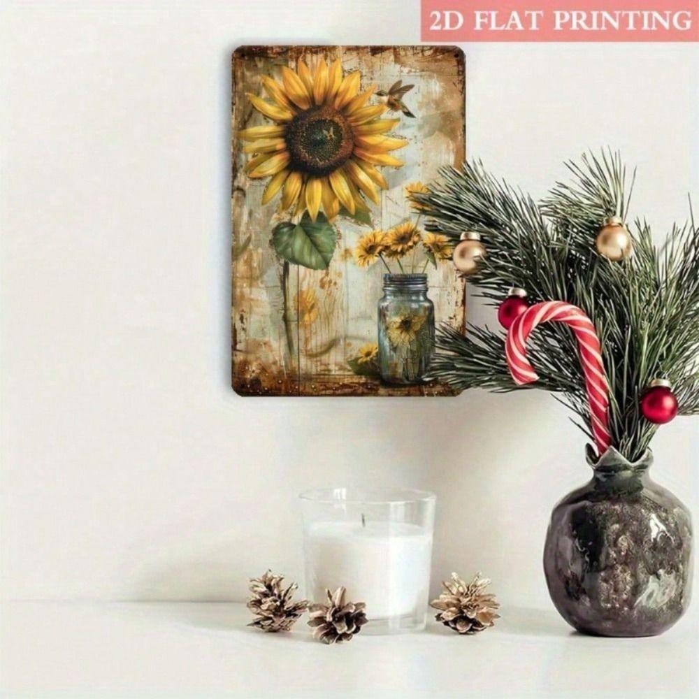 Tin Sign Sunflower Hummingbird Mason Jar Rustic Wall Art for Living Room