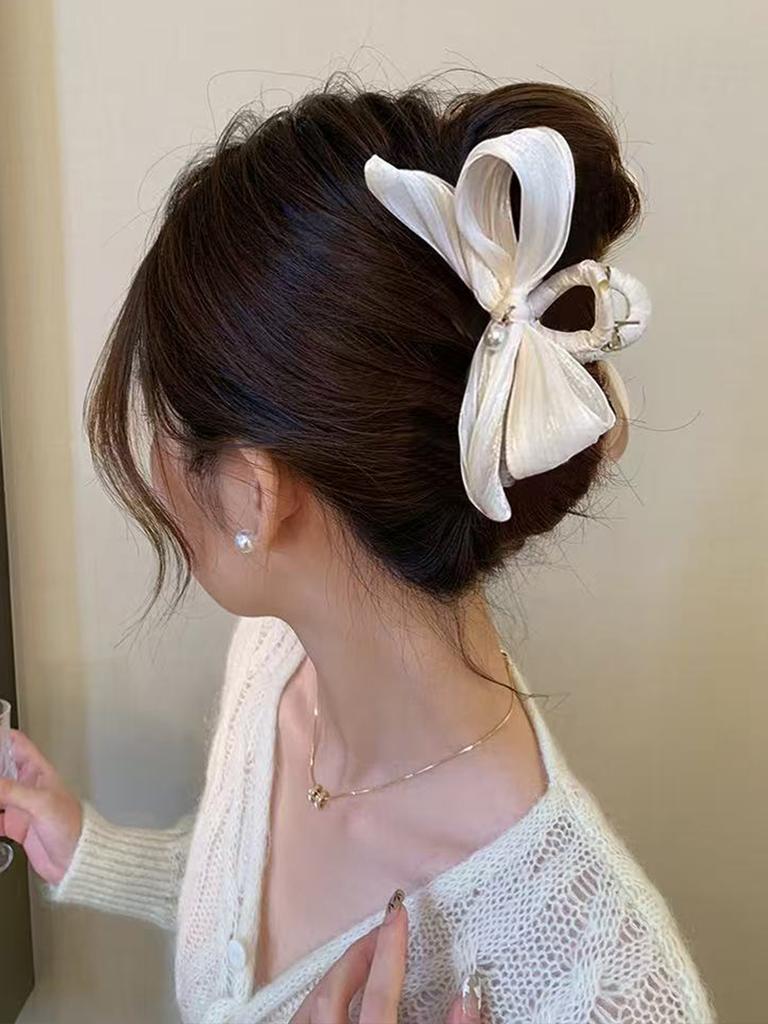 1pc elegant imitation pearl pleated bow large back of the head pan hair grip clip, suitable for daily leisure, travel and party