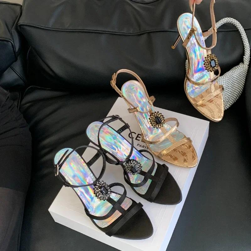 Brand Designer Heels for Women Luxury Rhinestone Narrow Strap Summer Thin Heeled Sandals Elegant Party Naked Strap High Heels