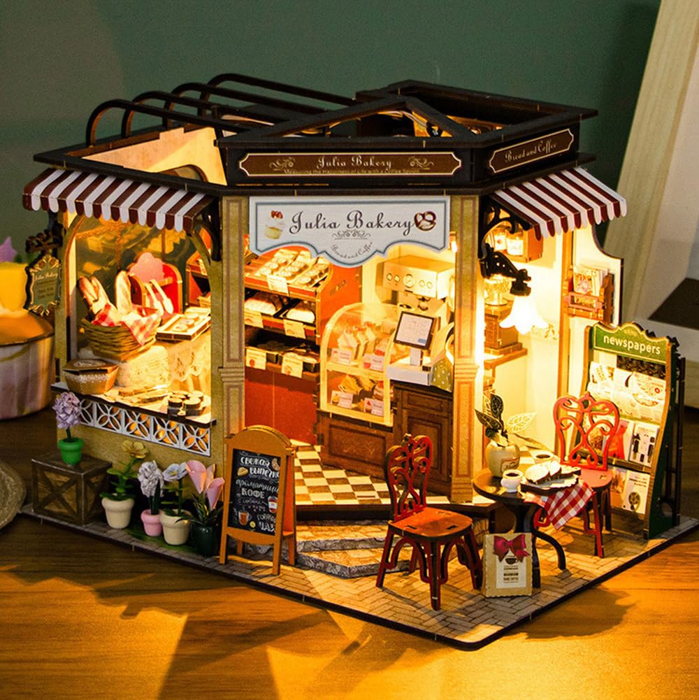 Moin moin Puppenhaus Miniatur DIY Bausatz Set Maßstab Julia Europäisch Antik Retro Realistisch Brot LED Licht Acrylbox [Englische Anleitung] 1/24