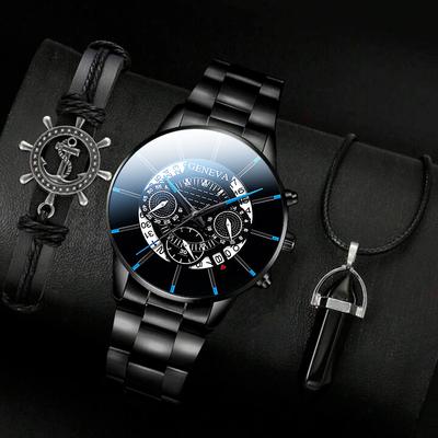 3pcs/set, 1pc Fashion Men's Business Watch Stainless Steel Strap Quartz Wristwatch & 1pc Bracelet & 1pc Necklace, Mens Gifts