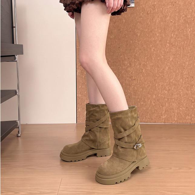 Retro short boots children 0000 autumn new stacking boots thick-soled heightening versatile medium tube pants Maillard boots