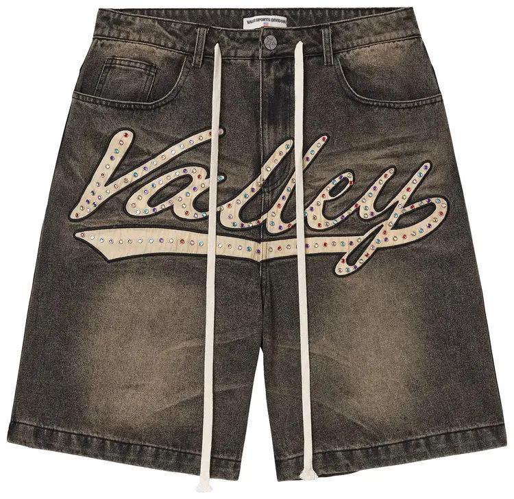 Unisex Retro Letter Rhinestone Denim Shorts Women Summer Vintage Loose Black Shorts Men Streetwear Casual Pants
