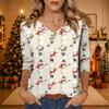Women's Christmas Print V-Neck Three-Quarter Sleeve Loose Fit Casual Shirt for Everyday Wear