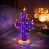 Resin Tabletop Decor for Home Vintage Lighted Cactus Christmas Tree, Saguaro with Bulbs & Golden Colorful Crystal Lamp Display Star Topper,