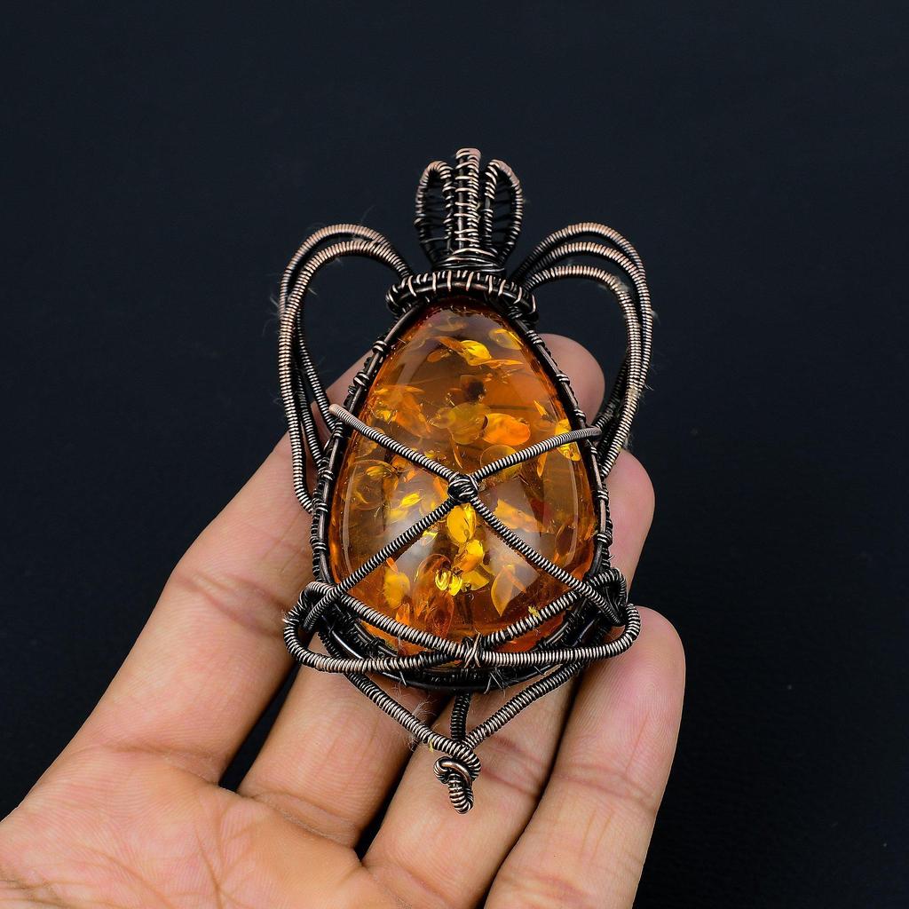 Baltic Amber Pendant, 999 Copper Wire Wrapped Gemstone Jewelry, Handmade Pendant For Mother Day
