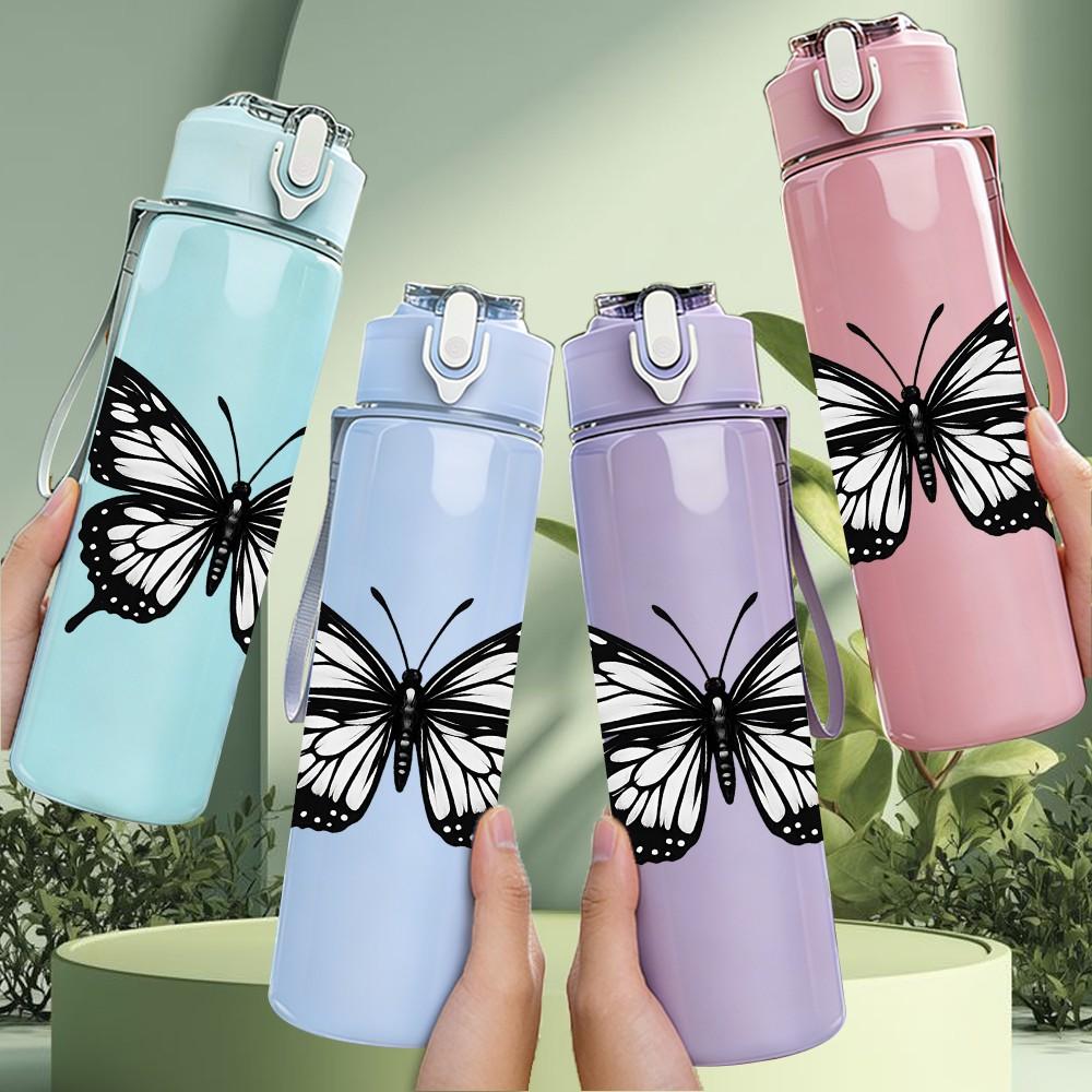 1PC Classic Black Butterfly Print 750ml Color Plastic Sports Water Bottle Leakproof Flip Straw Lid Suitable for Sports Office Home Use