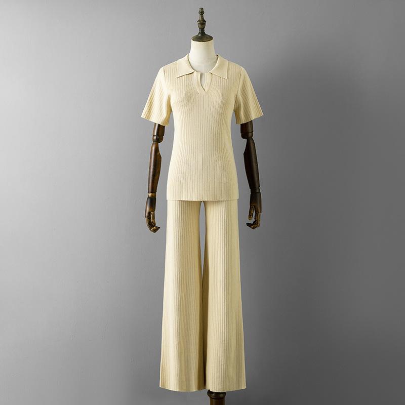 HNXC Women's Polo Collar Puller Short-sleeved Top + Slimming and Versatile Solid-color Wide-leg Long Pants Knitted Fashion Set