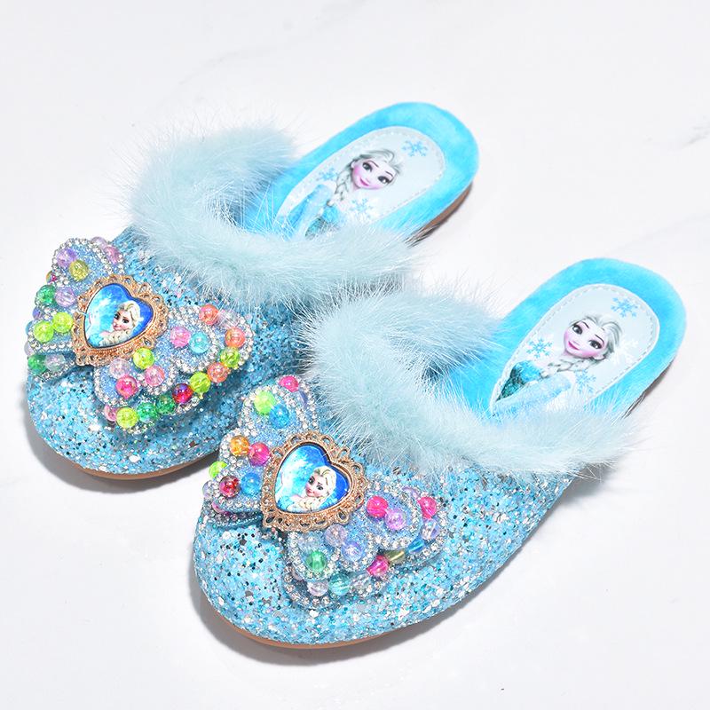 Elsa Winter Plüsch Prinzessin Baumwoll Hausschuhe für Mädchen – Rutschfest, Geschlossene Zehen, Warme Komfortschuhe