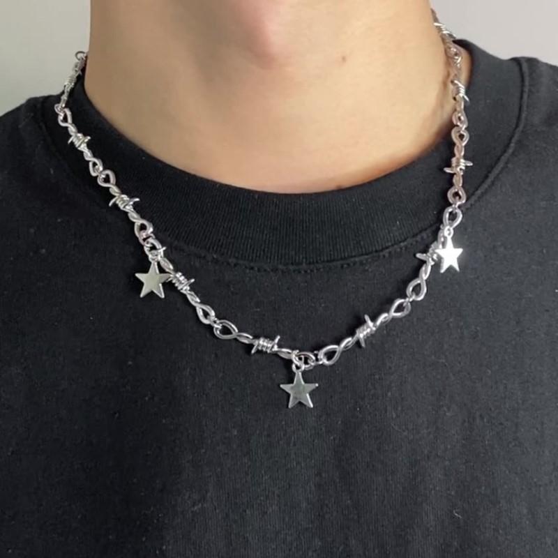 Colar Pentagrama Espinhoso Cor Prata para Mulheres Homens Street Hiphop Pingentes Estrela Corrente Clavícula Joias Presentes