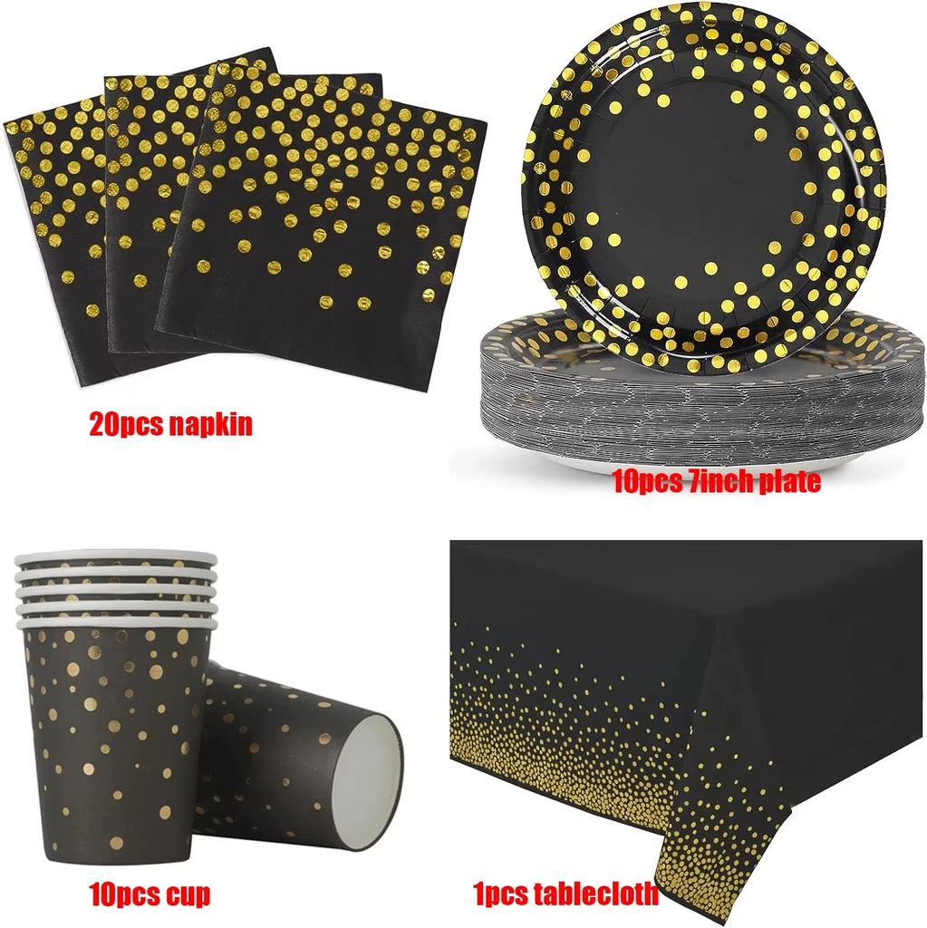 Black Gold Birthday party Decorations Tableware Set Paper Cups Napkins Plates Tablecloth Adult Kids Happy Birthday Party Decora