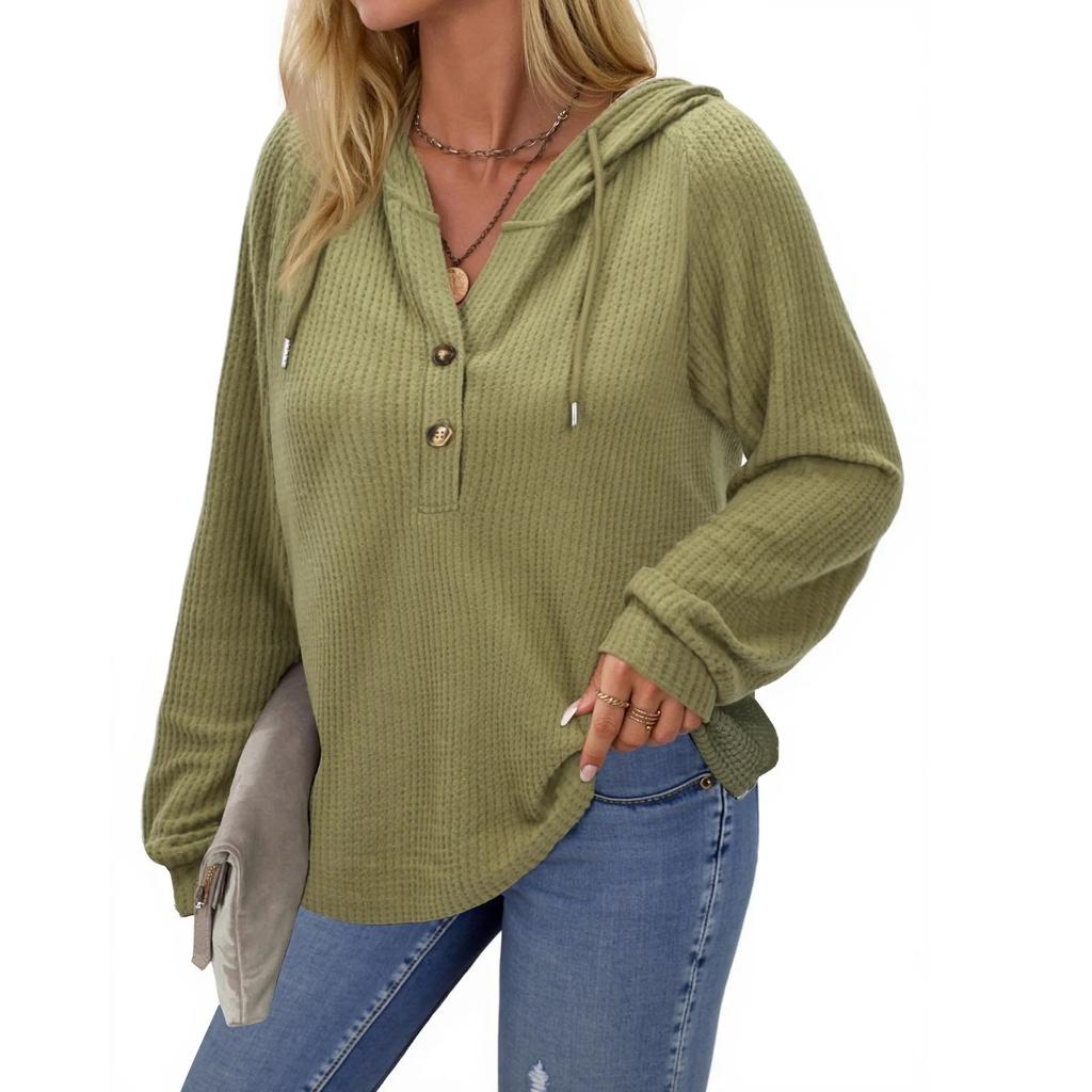 Women's Fashion Long-Sleeve Solid-Color Hooded Button-Up Casual Sweatshirt Top