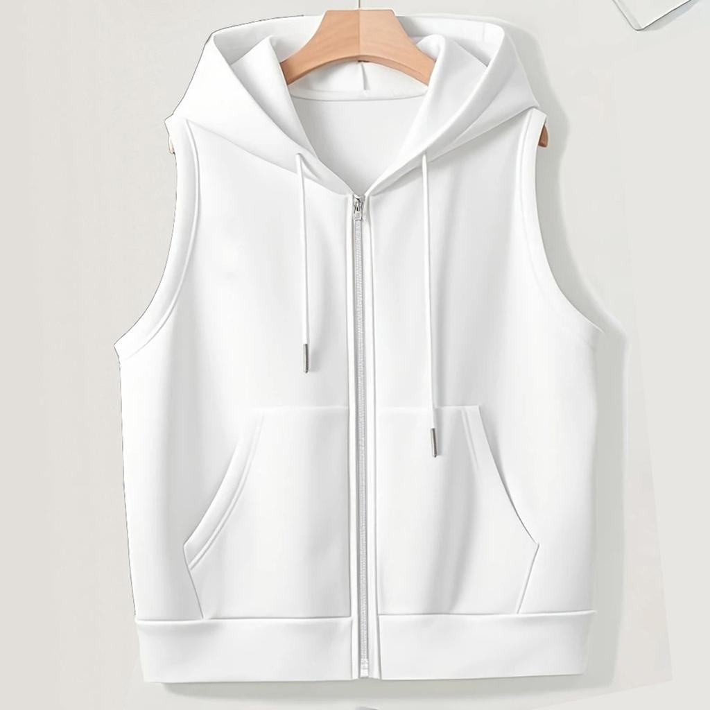 Women's Solid Color Plus Size Fashionable Hooded Drawstring Pocket Vest Top Jacket