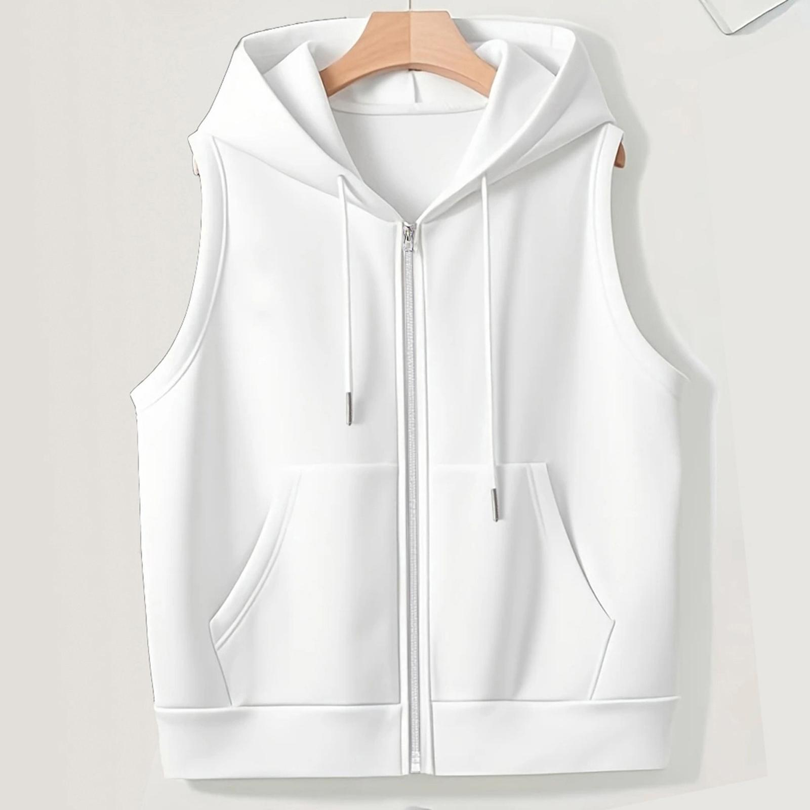 

Women s Solid Color Plus Size Fashionable Hooded Drawstring Pocket Vest Top Jacket XL