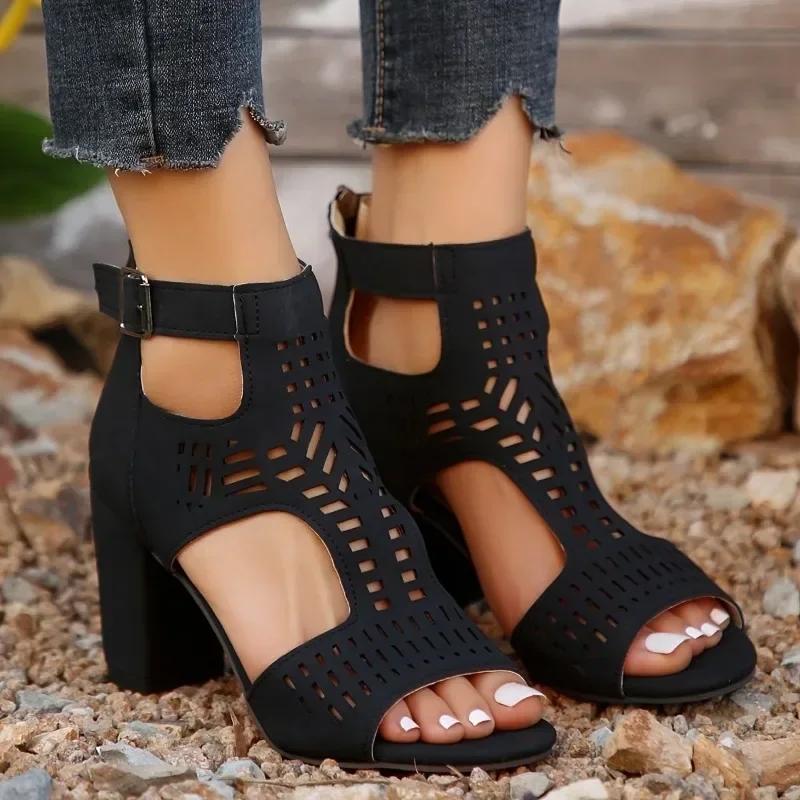 Ladies Shoes  Fashion Cover Heel Women's Sandals New Belt Buckle Office and Career Summer Plus Size Peep Toe Heeled Sandals