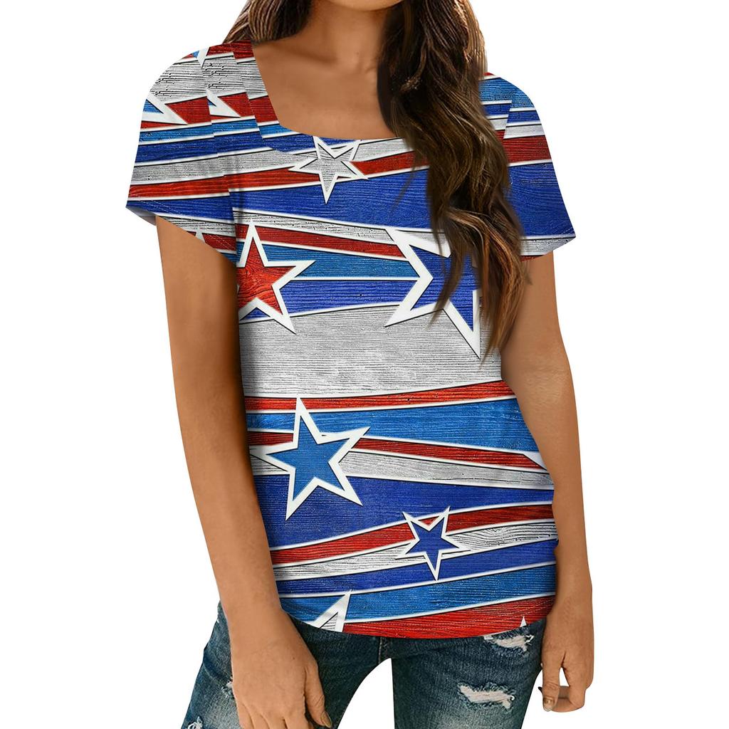 Women's Tops Spring Summer Casual T Shirt Short Sleeve Square Neck Basic Printed T Shirt