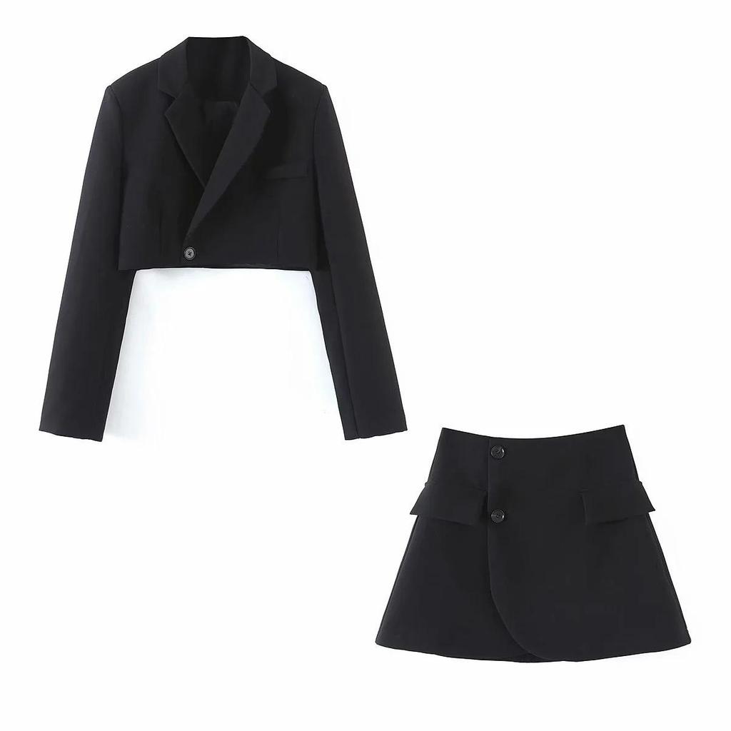 Trendy Spring & Autumn Women's Short-Sleeve Suit Jacket + High-Waist Pocket Skirt