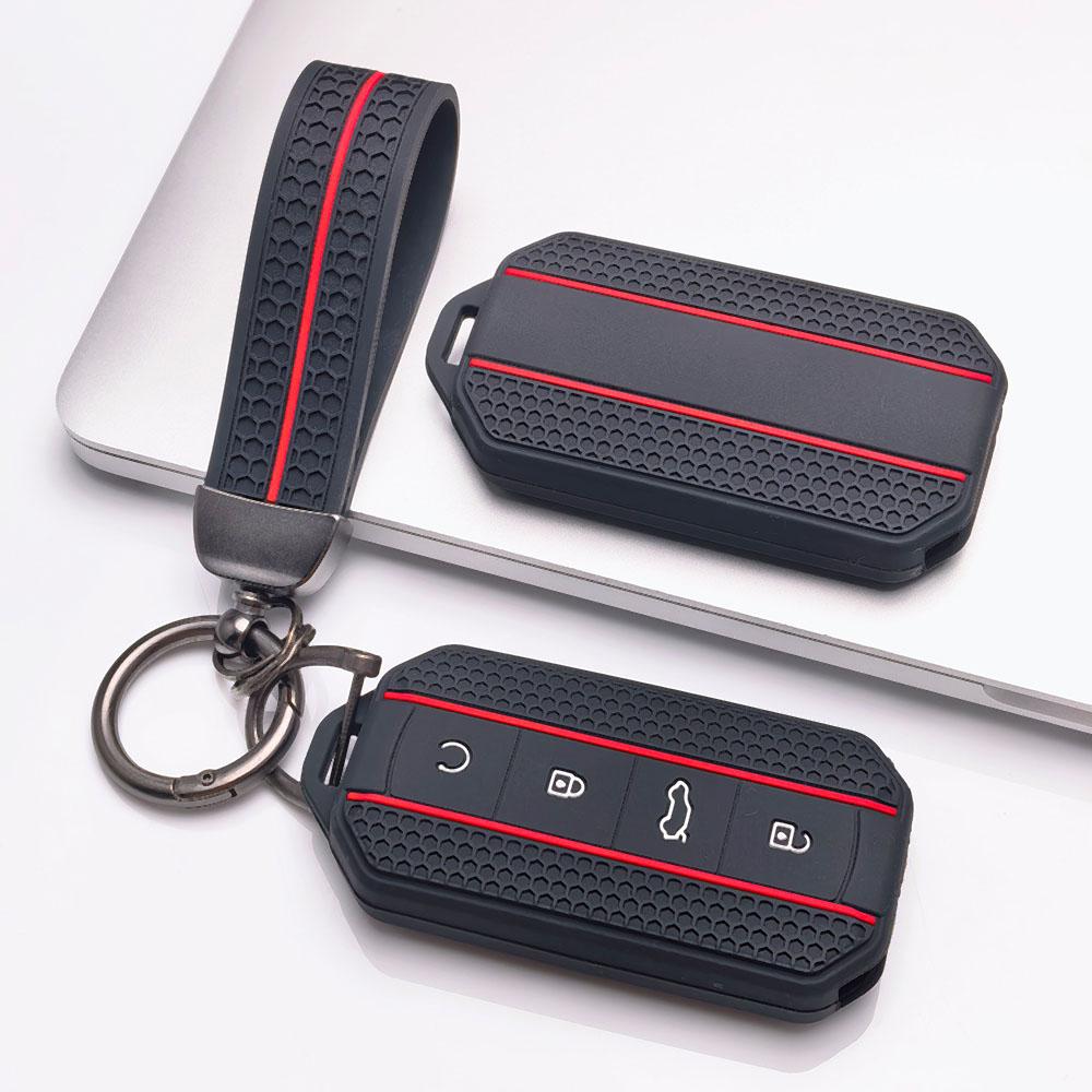 4 Button Silicone Key Fob Cover with Matching Keychain for Chery Jaecoo 7 8 J7 J8 Lock Unlock Trunk Remote Start Buttons, Full Wrap Key Guard for
