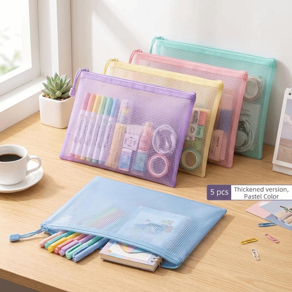 Waterproof Mesh Zipper Bags A4 Size File Pouch Essential Plastic File Organizer School