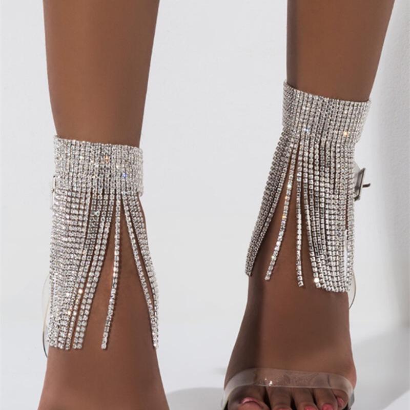 Exaggerated European and American Shiny Diamond Tassel Anklet for Fashion High Heels