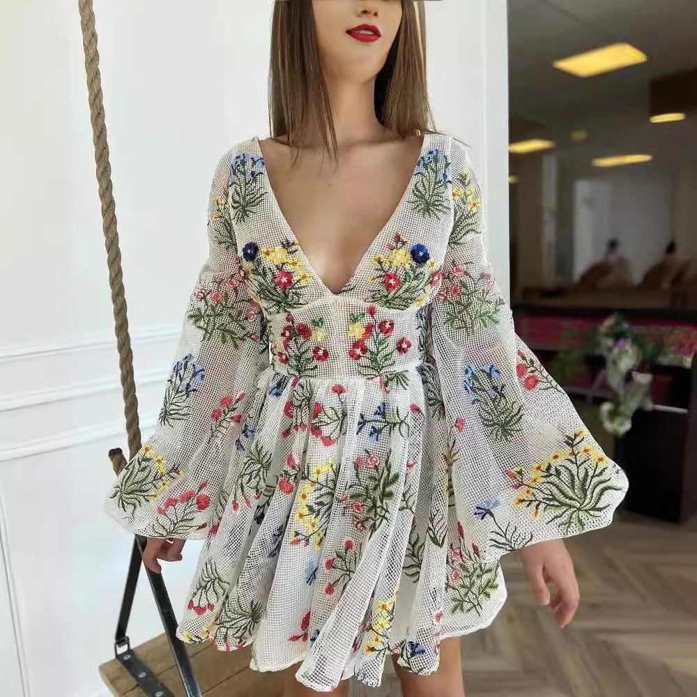 Summer New Women'S Clothing Mesh Embroidery Design Lantern Sleeve Fairy Dress Birthday Party Dress