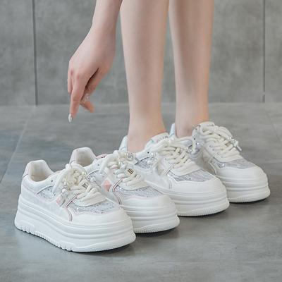 Mesh Little White Shoes Women's New Spring Sports Versatile Leather Lace Mesh Shoes Muffin Thick Baseplate Shoes